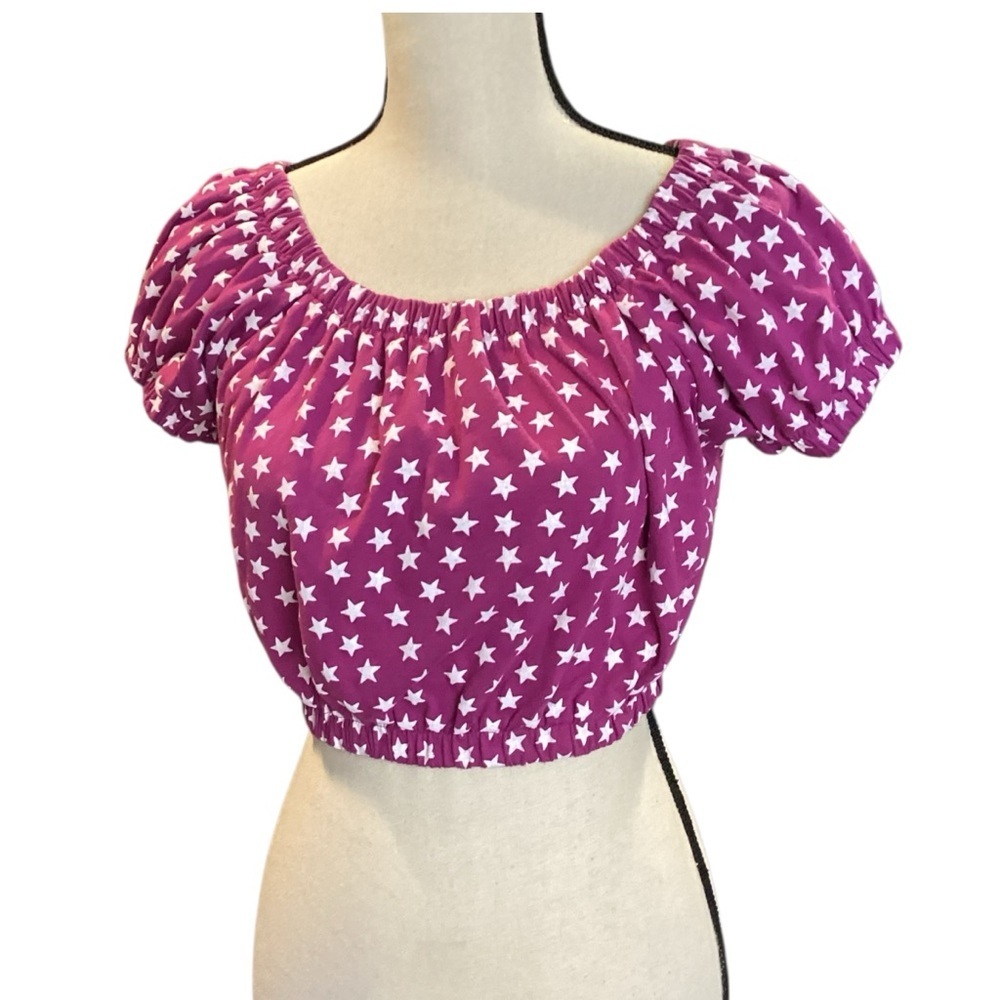 Y2K Great Directions Elastic‎ Waist Purple Crop Top Puff Sleeve Stars, Medium